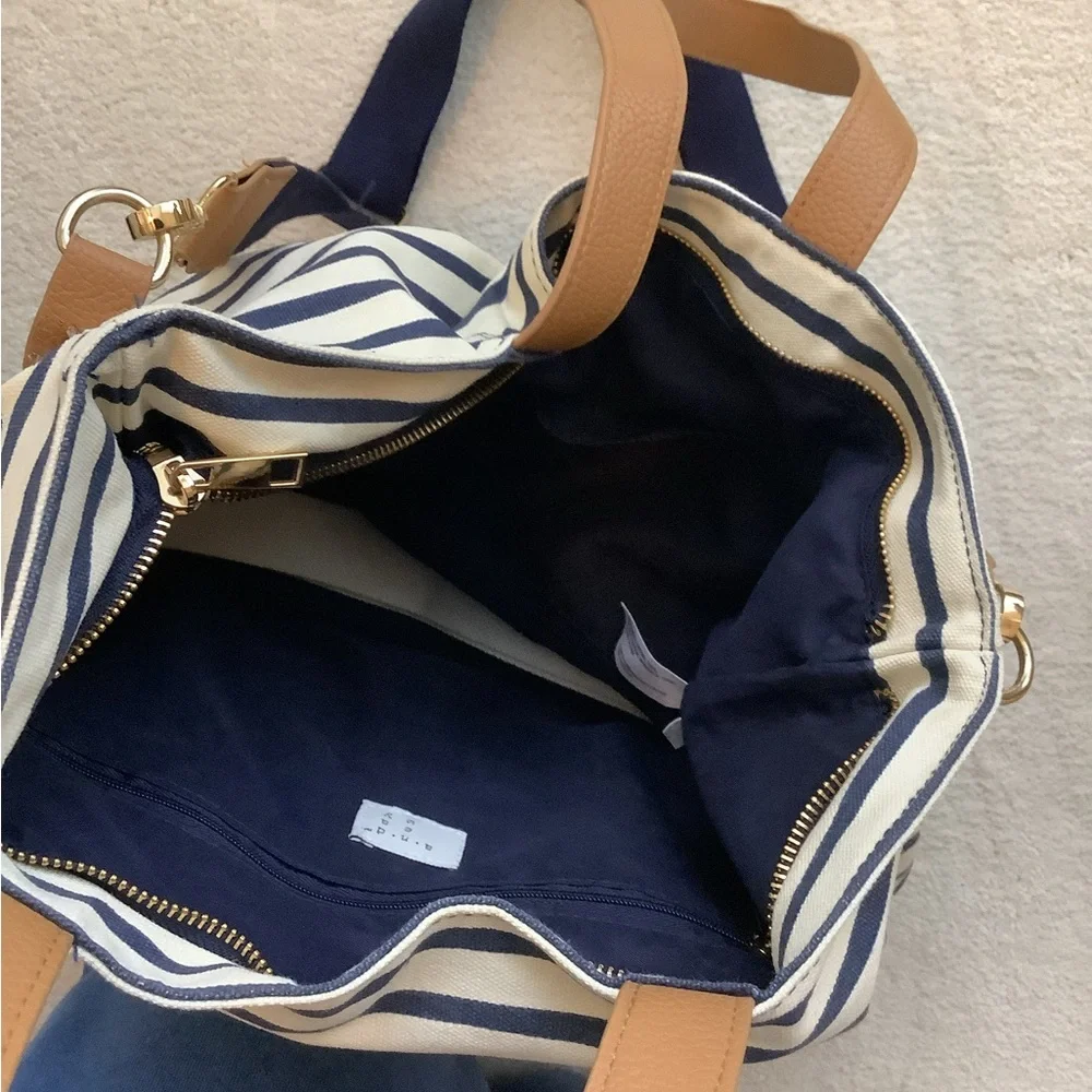 A New Day Target Cream Navy Striped Tote Bag Zipper Crossbody Shoulder Satchel - Picture 2 of 6